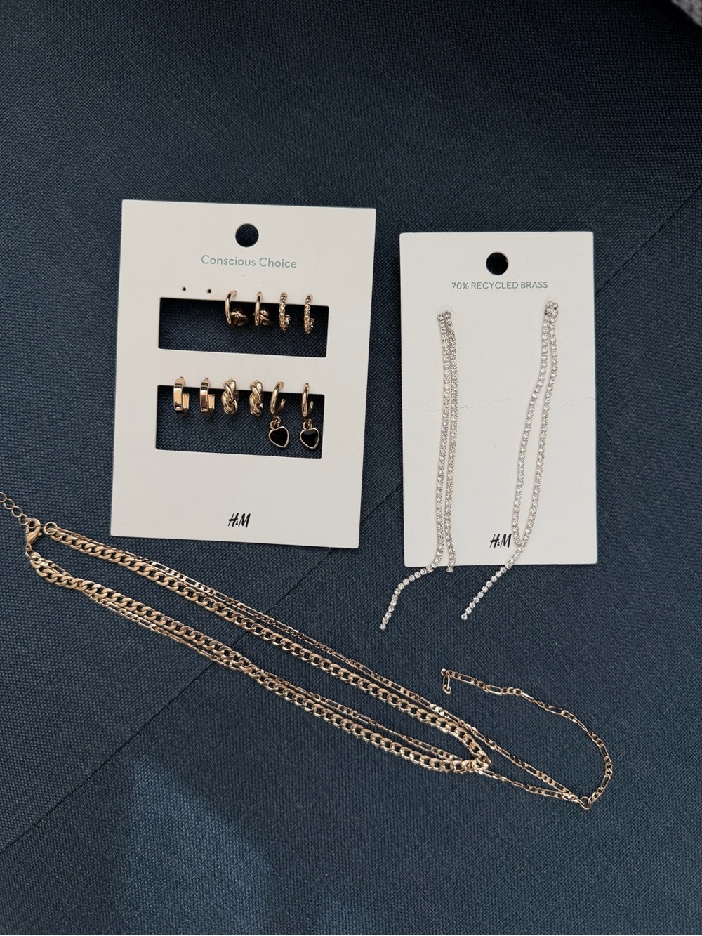 H&M Gold Tone Jewelry Bundle: 6 Pairs Earrings & Layered Necklace Set